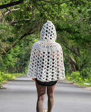 Load image into Gallery viewer, Crochet Hooded Cape: Cream Lace Cluster Poncho, Travel Accessory