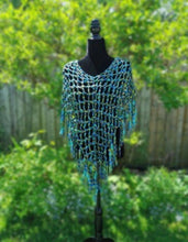 Load image into Gallery viewer, Crochet Ribbon Poncho with Fringe: Metallic Green Blue Cowl
