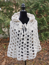 Load image into Gallery viewer, Crochet Hooded Cape: Cream Lace Cluster Poncho, Travel Accessory