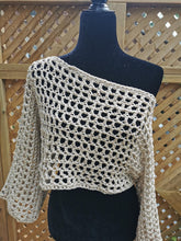 Load image into Gallery viewer, Beige Crochet Sleeves, Bolero Shrug: Ribbon Yarn Open-Front Top