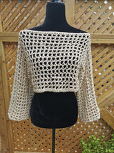 Load image into Gallery viewer, Beige Crochet Sleeves, Bolero Shrug: Ribbon Yarn Open-Front Top