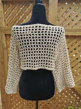 Load image into Gallery viewer, Beige Crochet Sleeves, Bolero Shrug: Ribbon Yarn Open-Front Top