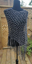 Load image into Gallery viewer, Black Sparkle Diagonal PONCHO, Rainbow Iridescent and Black Crochet Poncho: Lightweight Ribbon Yarn, Long Fringe