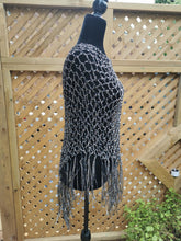 Load image into Gallery viewer, Black Sparkle Diagonal PONCHO, Rainbow Iridescent and Black Crochet Poncho: Lightweight Ribbon Yarn, Long Fringe