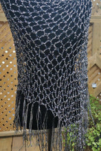 Load image into Gallery viewer, Black Sparkle Diagonal PONCHO, Rainbow Iridescent and Black Crochet Poncho: Lightweight Ribbon Yarn, Long Fringe