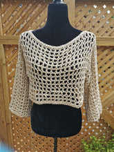 Load image into Gallery viewer, Beige Crochet Sleeves, Bolero Shrug: Ribbon Yarn Open-Front Top