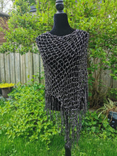 Load image into Gallery viewer, Black Sparkle Diagonal PONCHO, Rainbow Iridescent and Black Crochet Poncho: Lightweight Ribbon Yarn, Long Fringe