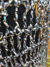 Load image into Gallery viewer, Black Sparkle Diagonal PONCHO, Rainbow Iridescent and Black Crochet Poncho: Lightweight Ribbon Yarn, Long Fringe