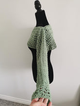 Load image into Gallery viewer, Crochet Mesh Sleeves, Light Sage Long Sleeve Top - S-XL, Handmade Crocheted Shoulder Shrug, Sage Green Bell Sleeve Crop Top
