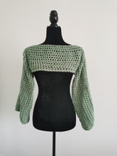Load image into Gallery viewer, Crochet Mesh Sleeves, Light Sage Long Sleeve Top - S-XL, Handmade Crocheted Shoulder Shrug, Sage Green Bell Sleeve Crop Top