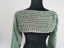 Load image into Gallery viewer, Crochet Mesh Sleeves, Light Sage Long Sleeve Top - S-XL, Handmade Crocheted Shoulder Shrug, Sage Green Bell Sleeve Crop Top