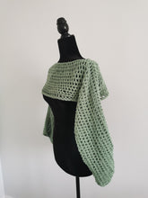 Load image into Gallery viewer, Crochet Mesh Sleeves, Light Sage Long Sleeve Top - S-XL, Handmade Crocheted Shoulder Shrug, Sage Green Bell Sleeve Crop Top