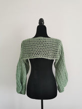 Load image into Gallery viewer, Crochet Mesh Sleeves, Light Sage Long Sleeve Top - S-XL, Handmade Crocheted Shoulder Shrug, Sage Green Bell Sleeve Crop Top