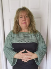 Load image into Gallery viewer, Crochet Mesh Sleeves, Light Sage Long Sleeve Top - S-XL, Handmade Crocheted Shoulder Shrug, Sage Green Bell Sleeve Crop Top