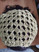 Load image into Gallery viewer, Crochet Bandana, Gold Metallic Head Scarf
