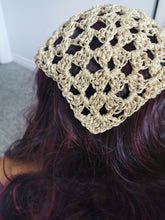 Load image into Gallery viewer, Crochet Bandana, Gold Metallic Head Scarf