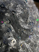 Load image into Gallery viewer, Crochet Sequin Scarf, White and Iridescent sequinned Triangle Scarf
