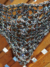 Load image into Gallery viewer, Crochet Bandana with Vintage yarn, Sequin Triangle Scarf (Black & Iridescent Rainbow)