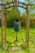 Load image into Gallery viewer, Crochet Ribbon Poncho with Fringe: Metallic Green Blue Cowl