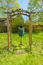 Load image into Gallery viewer, Crochet Ribbon Poncho with Fringe: Metallic Green Blue Cowl
