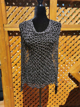Load image into Gallery viewer, Black and Silver Metallic Crochet Poncho, Asymmetrical Poncho