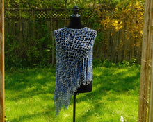 Load image into Gallery viewer, Blue Poncho - Diagonal Crochet Poncho with fringe