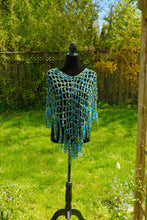 Load image into Gallery viewer, Crochet Ribbon Poncho with Fringe: Metallic Green Blue Cowl
