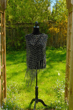 Load image into Gallery viewer, Black Sparkle Diagonal PONCHO, Rainbow Iridescent and Black Crochet Poncho: Lightweight Ribbon Yarn, Long Fringe