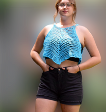 Load image into Gallery viewer, Crocheted CROP Tank Top, Blue Cover Up