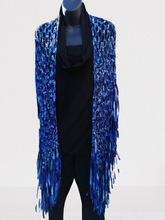 Load image into Gallery viewer, Blue Long Ribbon Shawl with fringe