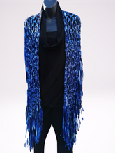 Load image into Gallery viewer, Blue Long Ribbon Shawl with fringe