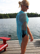 Load image into Gallery viewer, Ocean Blue Poncho - Diagonal Crochet Poncho with fringe