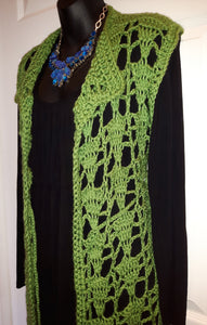 Green Lacy, Long Crochet Vest, Crochet Maxi Boho Vest