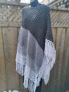 Long Asymmetrical Textured Grey Crochet Poncho, Plus Size Poncho