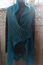 Load image into Gallery viewer, Teal Vest, Long Lacy Crochet Teal Duster