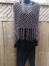 Load image into Gallery viewer, Pink and Grey Diagonal Crochet Poncho, Poncho with fringe, Light Poncho