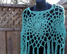 Load image into Gallery viewer, Crochet Cape with Fringe, Crochet Light Green, Boho-Chic Cape, Mandala crochet Top
