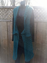 Load image into Gallery viewer, Teal Vest, Long Lacy Crochet Teal Duster