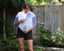 Load image into Gallery viewer, Summer's Blue Crochet Cape with fringe