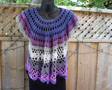 Load image into Gallery viewer, Lacy Crochet Top, Purple Ruffle Top