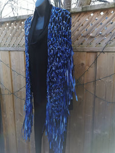 Blue Long Ribbon Shawl with fringe