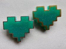 Load image into Gallery viewer, Couples Pins - 2 pc - Turquoise Pixel Heart Brooches