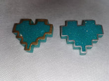 Load image into Gallery viewer, Couples Pins - 2 pc - Turquoise Pixel Heart Brooches
