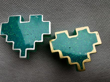 Load image into Gallery viewer, Couples Pins - 2 pc - Turquoise Pixel Heart Brooches
