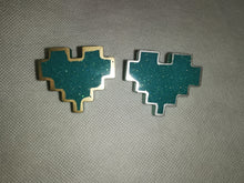 Load image into Gallery viewer, Couples Pins - 2 pc - Turquoise Pixel Heart Brooches