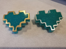 Load image into Gallery viewer, Couples Pins - 2 pc - Turquoise Pixel Heart Brooches