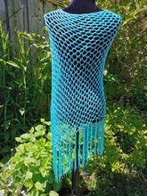 Load image into Gallery viewer, Ocean Blue Poncho - Diagonal Crochet Poncho with fringe