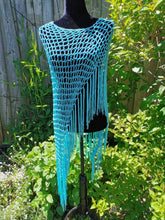 Load image into Gallery viewer, Ocean Blue Poncho - Diagonal Crochet Poncho with fringe