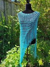 Load image into Gallery viewer, Ocean Blue Poncho - Diagonal Crochet Poncho with fringe