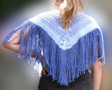 Load image into Gallery viewer, Summer's Blue Crochet Cape with fringe